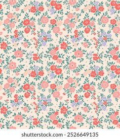 Hermoso patrón floral en Pequeñas flores abstractas. Pequeñas flores de colores claros. Fondo de marfil. Impresión sucia. Fondo floral sin fisuras. Elegante Plantilla para estampados de moda.