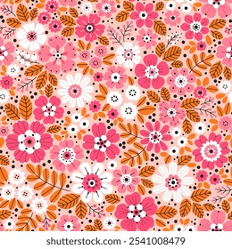 Lindo padrão floral em pequenas flores abstratas. Pequenas flores brancas e rosa. Fundo rosa claro. Impressão de Ditsy. Fundo floral sem emenda. Modelo vintage para impressões de moda. Ação 