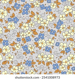Lindo padrão floral em pequenas flores abstratas. Pequenas flores brancas e azuis. Fundo cinza. Impressão de Ditsy. Fundo floral sem emenda. Modelo vintage para impressões de moda. Padrão de estoque.