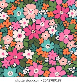 Beautiful floral pattern in small abstract flowers. Small bright colorful flowers. Dark blue background. Liberty print. Floral seamless background. Trendy template for fashion prints.