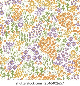 Beautiful floral pattern in small abstract flowers. Small colorful flowers. White background. Ditsy print in yellow,green,purple.