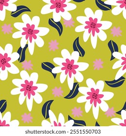Beautiful floral pattern in small abstract flowers. Small pink and orange flowers. White background. Ditsy print. Floral seamless background
