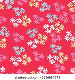 Beautiful floral pattern in small abstract flowers. Small colorful flowers. Coral pink background. Ditsy print. Floral seamless background. Elegant template for fashion prints. Stock pattern