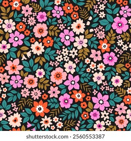 Beautiful floral pattern in small abstract flowers. Small colorful flowers. Black background. Ditsy print. Floral seamless background. Vintage template for fashion prints. Stock pattern with flowers.