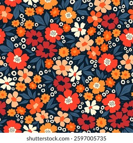 Beautiful floral pattern in small abstract flowers. Small colorful flowers. Dark blue background. Ditsy print. Floral seamless background. Vintage template for fashion prints. Stock floral pattern.