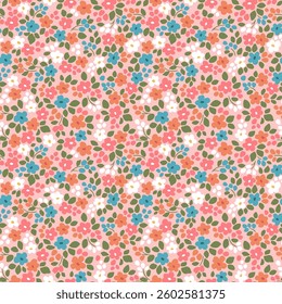 Beautiful floral pattern in small abstract flowers. Small light colorful flowers. Coral background. Ditsy print. Floral seamless background. Easter template for fashion prints.
