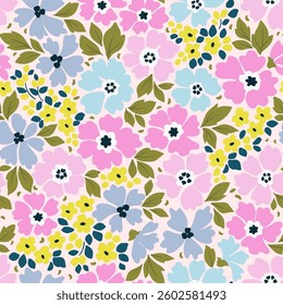 Beautiful floral pattern in small abstract flowers. Small blue, yellow and pink flowers. White background. Ditsy print. Floral seamless background. Easter spring template print. Stock vector