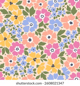 Beautiful floral pattern in small abstract flowers. Small pastel colorful flowers. White background. Ditsy print. Floral seamless background. Vintage template for fashion prints. Stock floral pattern