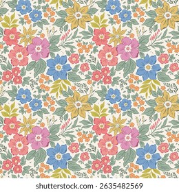 Beautiful floral pattern in small abstract bouquet flowers. Small light colorful flowers. Ivory background. Ditsy print. Floral seamless background. Vintage template for fashion prints. Stock print