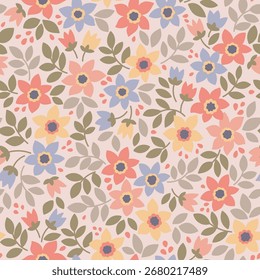 Hermoso patrón floral en Pequeñas flores abstractas. Pequeñas flores de colores naturales. Fondo beige. Impresión sucia. Fondo floral sin fisuras. Plantilla de Antiguas para estampados de moda. Patrón de acciones.