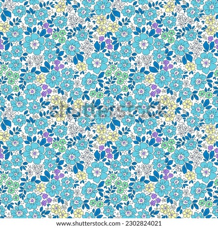 Beautiful floral pattern in small abstract flowers. Small blue flowers. White background. Ditsy print. Floral seamless background. Liberty template for fashion prints. Stock pattern.