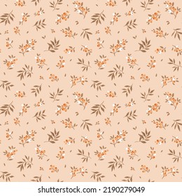 Beautiful floral pattern in small berries. Small orange flowers. Light coral salmon background. Ditsy print. Floral seamless background. The elegant the template for fashion prints. Stock pattern.