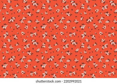 Beautiful floral pattern in small berries. Small white flowers. Bright orange background. Ditsy print. Floral seamless background. The elegant the template for fashion prints. Stock pattern.