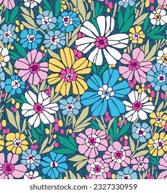 Beautiful floral pattern in small bright abstract flowers. Seamless floral pattern. Mosaic style, composition of tile pieces, terrazzo. Floral background. Stained glass flowers pattern.