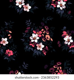 Beautiful floral pattern in small bright flowers. Small white and coral pink flowers. Black background. Ditsy print. Floral seamless background. Liberty template for fashion prints. Stock pattern.