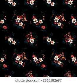 Beautiful floral pattern in small bright flowers. Small night dark flowers. Black background. Ditsy print. Floral seamless background. Liberty template for fashion prints. Stock pattern.