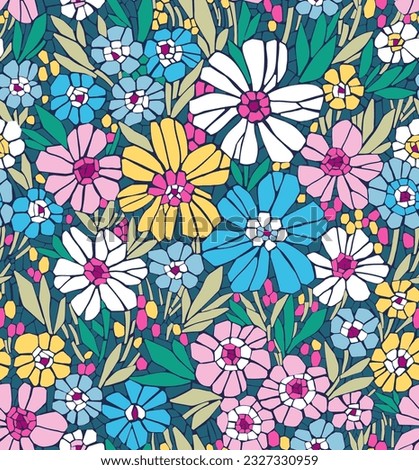Beautiful floral pattern in small bright abstract flowers. Seamless floral pattern. Mosaic style, composition of tile pieces, terrazzo. Floral background. Stained glass flowers pattern.