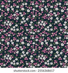 Beautiful floral pattern in small chamomile flowers. Small pink and white flowers. Dark blue background. Liberty print. Floral seamless background. Ditsy template for fashion prints. Stock pattern.