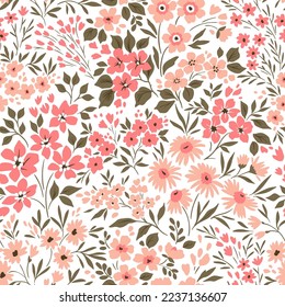 Beautiful floral pattern in small flowers. Small rose pink flowers. White background. Ditsy print. Floral seamless background. Elegant template for fashion prints. Stock pattern.