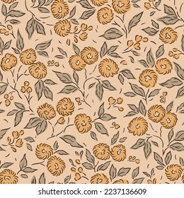 Schönes Blumenmuster in kleinen Blumen. Kleine gelbe Senfblumen. hellbeiger Hintergrund. Ditsy-Druck. Bloraler, nahtloser Hintergrund. Vintage-Vorlage für Modedrucke. Stock.