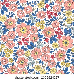 Beautiful floral pattern in small flowers. Small colorful flowers. White background. Liberty print. Floral seamless background. Trendy template for fashion prints. Stock pattern.