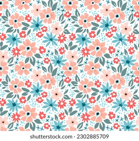 Beautiful floral pattern in small flowers. Delicate pink and blue flowers. White background. Liberty print. Floral seamless background. Trendy template for fashion prints. Stock pattern.