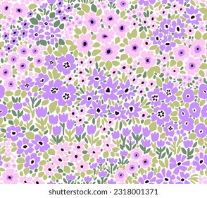 Beautiful floral pattern in small flowers. Small pink and lilac flowers. White background. Ditsy print. Floral seamless background. Stock vector for printing on surfaces. Abstract flowers.