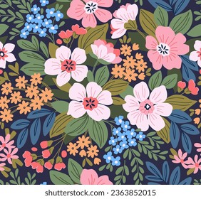 Beautiful floral pattern in small flowers. Delicate white flowers and lilac leaves. Light pink background. Liberty print. Floral seamless background. Trendy template for fashion prints. Stock pattern.