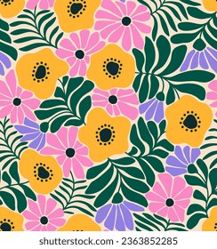 Beautiful floral pattern in small flowers. Groovy daisy yellow and lilac pink flowers. Light  background. Abstract print. Floral seamless background. Trendy template for fashion prints. Stock 