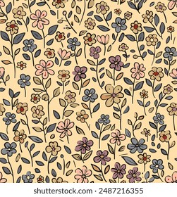 Beautiful floral pattern in small flowers. Light beige background. Ditsy print. Floral seamless background. Vintage template for fashion prints. Doodle, vector illustration 