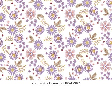 Beautiful floral pattern in small flowers. Small cute purple flowers on White background. Ditsy print. Floral seamless background. 