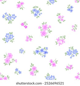 Beautiful floral pattern in small flowers. Small pink and blue flowers. White background. Ditsy print. Floral seamless background. Stock vector for printing on surfaces. Abstract flowers.