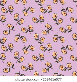 Beautiful floral pattern in small flowers. Delicate white flowers and lilac leaves. Light pink background. Liberty print. Floral seamless background. Trendy template for fashion prints. Stock pattern