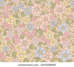 Lindo padrão floral em flores pequenas. Pequenas flores rosa rosa, azuis e amarelas. Fundo de marfim. Impressão de Ditsy. Fundo floral sem emenda. Modelo de liberdade para impressões de moda. Padrão de estoque.