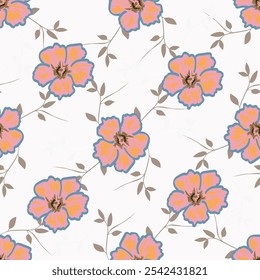 Lindo padrão floral em flores pequenas. Delicadas flores brancas e folhas lilás. Fundo rosa claro. Impressão Liberty. Fundo floral sem emenda. Modelo de moda para impressões de moda. Padrão de estoque