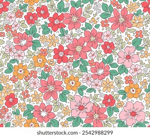 Lindo padrão floral em flores pequenas. Pequenas flores vermelhas, laranja e rosa. Fundo branco. Impressão Liberty. Fundo floral sem emenda. Modelo elegante para impressões de moda. Padrão de estoque.