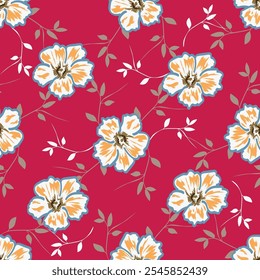 Beautiful floral pattern in small flowers. Delicate white flowers and lilac leaves. Light pink background. Liberty print. Floral seamless background. Trendy template for fashion prints. Stock pattern