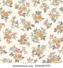 Lindo padrão floral em flores pequenas. Pequenas flores de laranja pálida. Fundo branco. Impressão Liberty. Fundo floral sem emenda. Modelo elegante para impressões de moda. Padrão de estoque.