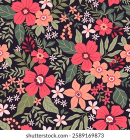 Beautiful floral pattern in small flowers. Small red pink, coral and orange flowers. Black background. Ditsy print. Floral seamless background. Cute template for fashion prints. Stock pattern.