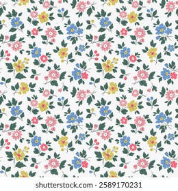 Beautiful floral pattern in small flowers. Small pastel colorful flowers. White background. Ditsy print. Floral seamless background. Cute template for fashion prints. Stock vintage pattern.