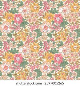 Beautiful floral pattern in small flowers. Small rose pink and yellow flowers. Coral background. Ditsy print. Floral seamless background. Elegant template for fashion prints. Stock pattern.