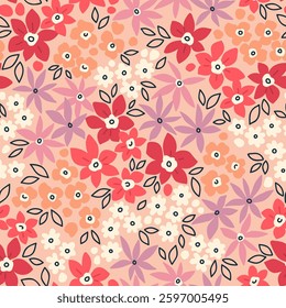 Beautiful floral pattern in small flowers. Small pastel colorful flowers. Rose coral background. Ditsy print. Floral seamless background. Cute template for fashion prints. Stock pattern.