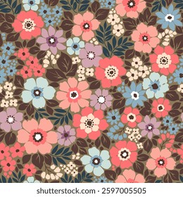 Beautiful floral pattern in small flowers. Small pastel multicolor flowers. Khaki green background. Ditsy print. Floral seamless background. Gentle template for fashion prints. Stock pattern.