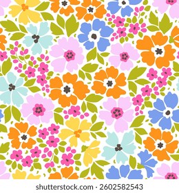 Beautiful floral pattern in small flowers. Small bright multicolor flowers. White background. Ditsy print. Floral seamless background. Gentle template for fashion prints. Easter Stock pattern.