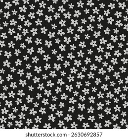 Schönes Blumenmuster mit kleinen Blumen. Kleine schwarz-weiße Blumen. schwarzer Hintergrund. Ditsy-Druck