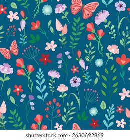 Beautiful floral pattern with small flowers. colorful flowers on blue background. Ditsy print