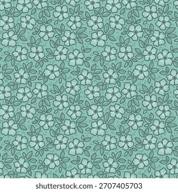 Beautiful floral pattern in small flowers. Small gentle white line flowers. Green background. Ditsy print. Floral seamless background. Liberty template for fashion prints. Stock vintage flowers print