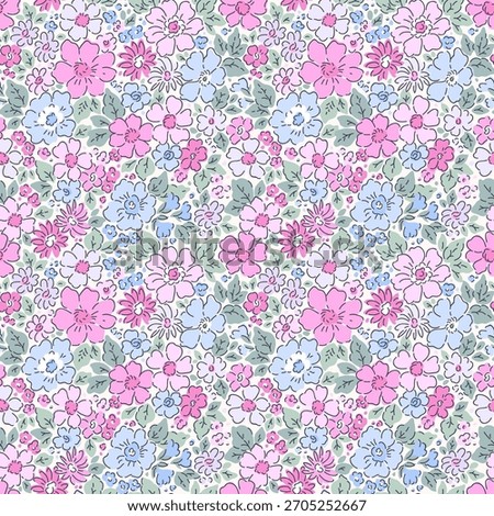 Beautiful floral pattern, small flowers. Small pastel pink, blue and lilac flowers. White background. Ditsy print. Floral seamless background. Liberty template for fashion prints. Stock flowers print