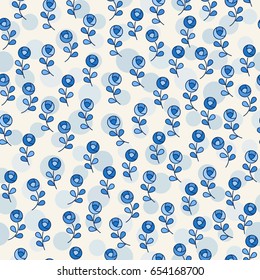 Beautiful floral pattern with small graphic roses. Seamless vector pattern. Texture for fashion fabric or gift wrapping paper and background in web design. Small blue roses on ivory background.