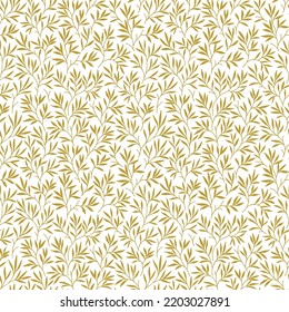 Beautiful floral pattern in small leaves. Small gold flowers. White background. Ditsy print. Floral seamless background. The elegant the template for fashion prints. Stock pattern.